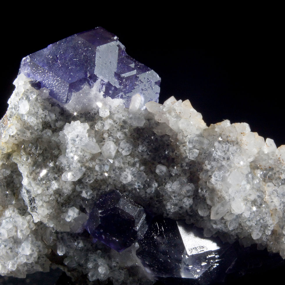 Thumbnail: A relaxed small cabinet masterpiece of the famous deep purple Fluorite from the Xia Yang Mine. This highly complex, richly sa