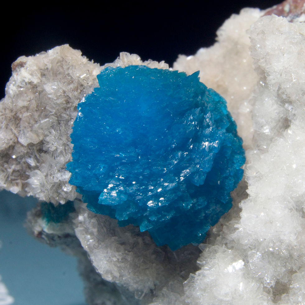 Thumbnail: Can you find the single minuscule cubic crystal of Calcite on this amazingly complex Cavansite miniature? A dynamic matrix pr