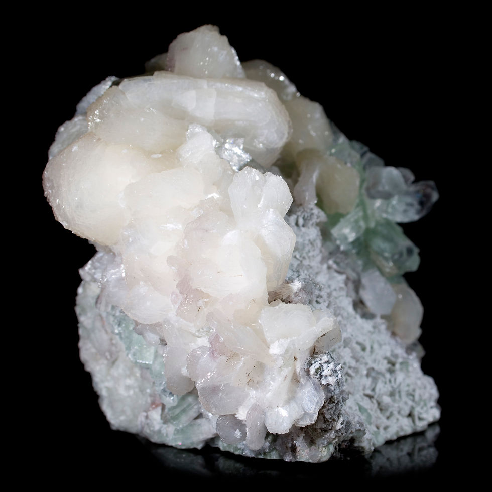 Thumbnail: Apophyllite and Stilbite frame the light-colored matrix perfectly on this self-supporting small cabinet masterpiece. 4" x 3"