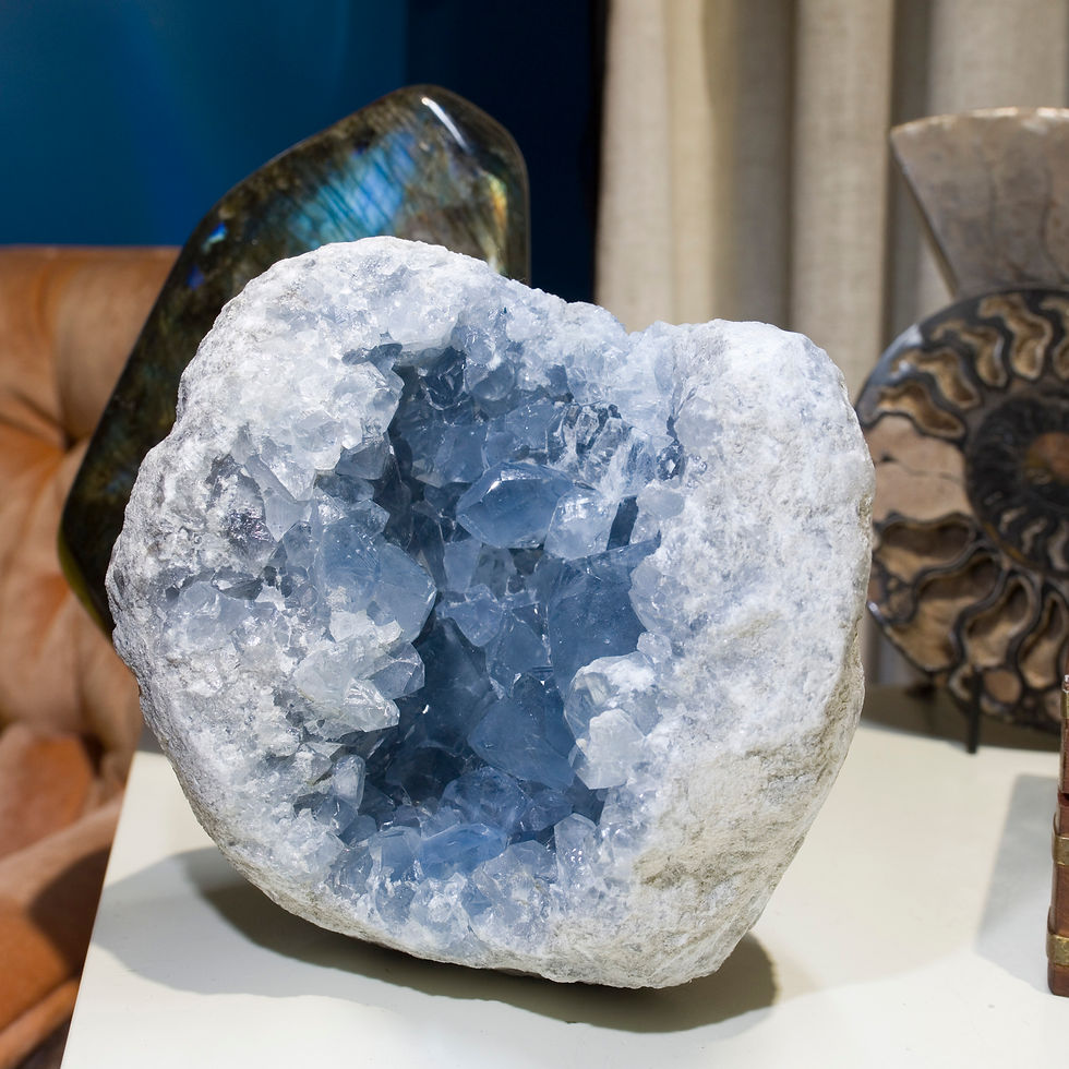 Exceptionally well terminated, very gemmy crystals of blue Celestite line the interior of this beautiful 4+ pound geode. Mada