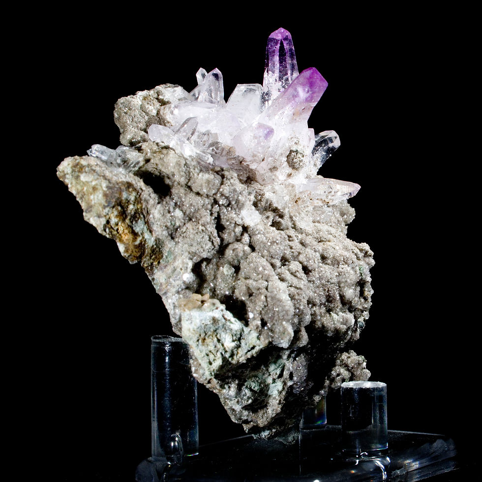 Thumbnail: A cascading cluster of gemmy, lustrous Amethyst on a sparkling druzy matrix. 5 main crystals are accompanied by a dozen small