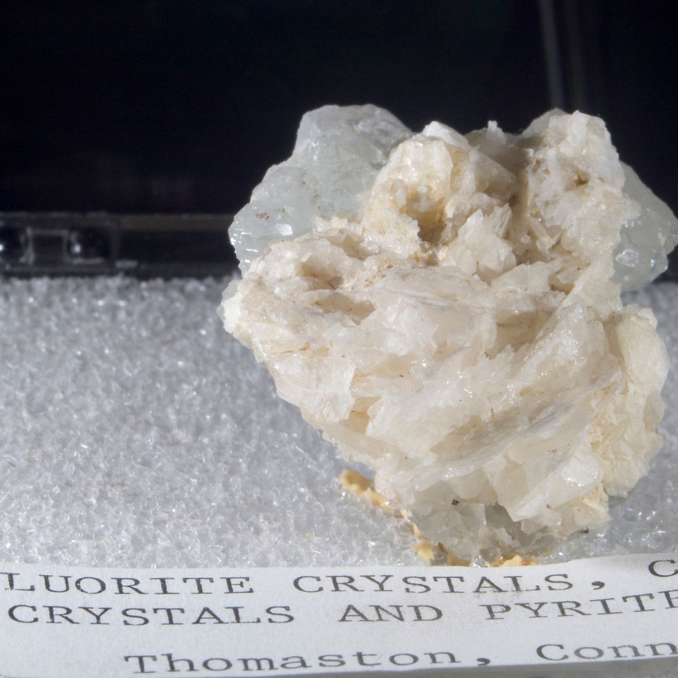 Thumbnail: Fluorite, Calcite & Pyrite from Thomaston, Connecticut, a vintage large perky box presentation. The Fluorite fluoresces blue