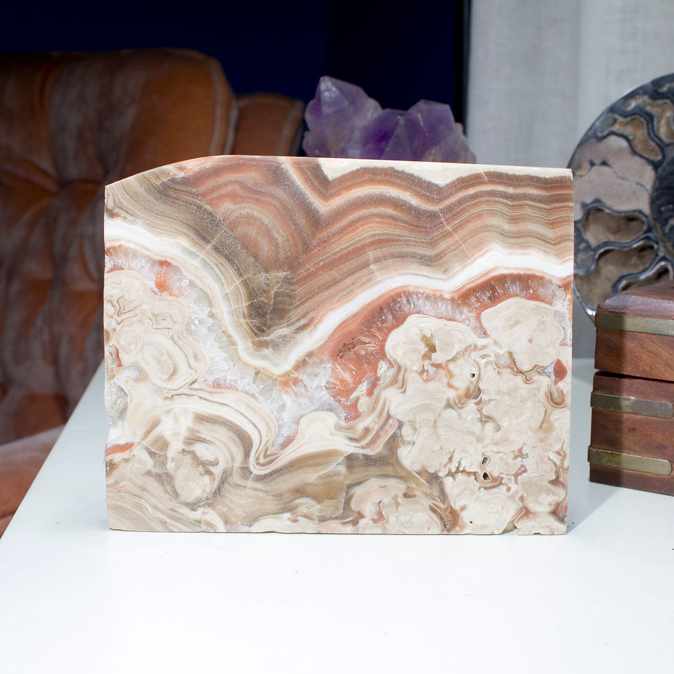 Thumbnail: Bands of earth toned Honey Agate, translucent in parts, make a compelling natural windowsill companion! Mexico, 4.75" x .33 x