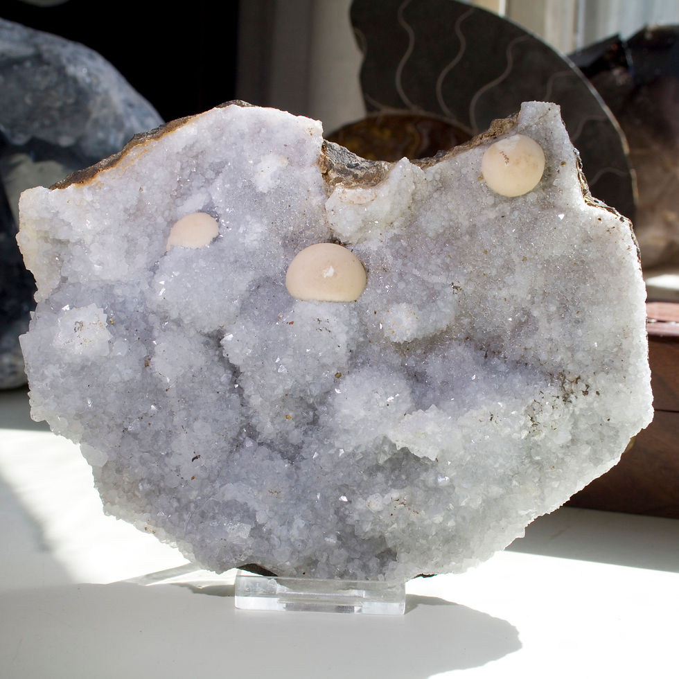Thumbnail: Three round light yellow crystals of Fluorite highlight this raw and Quartz covered Basalt plate. The beautifully botryoidal