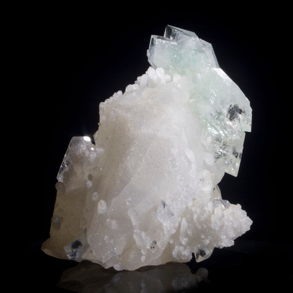 Green Apophyllite on Chalcedony on Calcite with Stilbite - Jalgaon, India. Studio Mineralia Earth Art Gallery