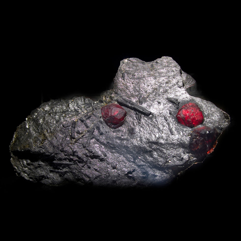Thumbnail: Almandine-Pyrope Garnet and Dravite Tourmaline in Graphite - Red Embers Mine, MA - Studio Mineralia Earth Art Gallery