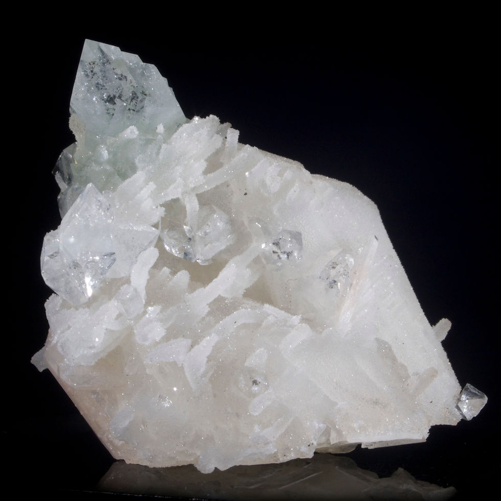 Thumbnail: Green Apophyllite on Chalcedony on Calcite with Stilbite - Jalgaon, India. Studio Mineralia Earth Art Gallery