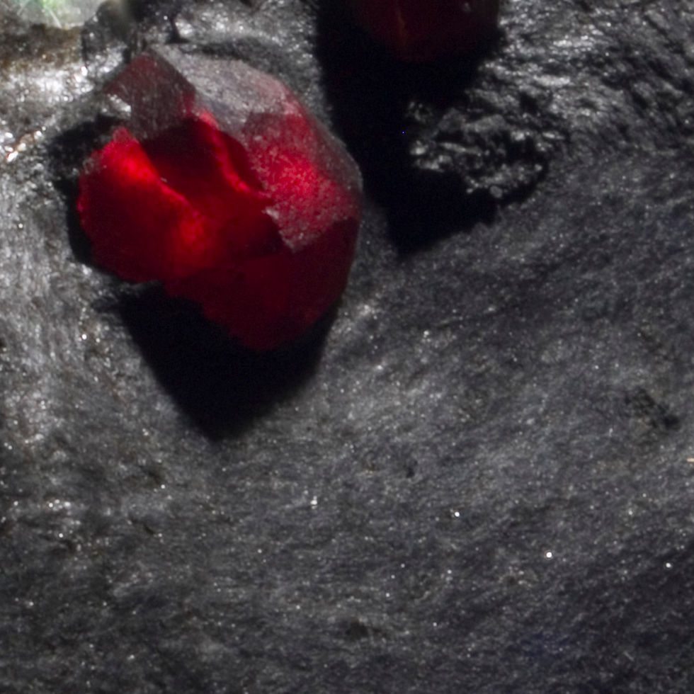 Thumbnail: Three Almandine-Pyrope Garnets in a matrix plate of graphite. Deep red, translucent when backlit and genuinely spectacular, f