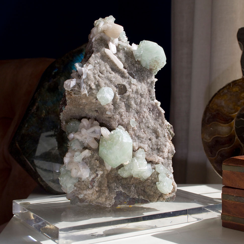 Thumbnail: Multiple aesthetically arranged crystals of double terminated Green Apophyllite in different scales are interspersed with con