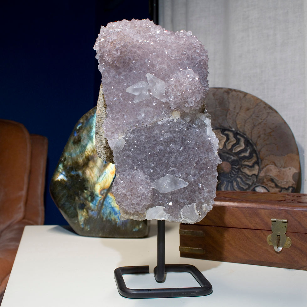 Thumbnail: A fantastic druze of light Amethyst featuring multiple rosettes and crystals of Scalenohedral Calcite mounted on a custom iro