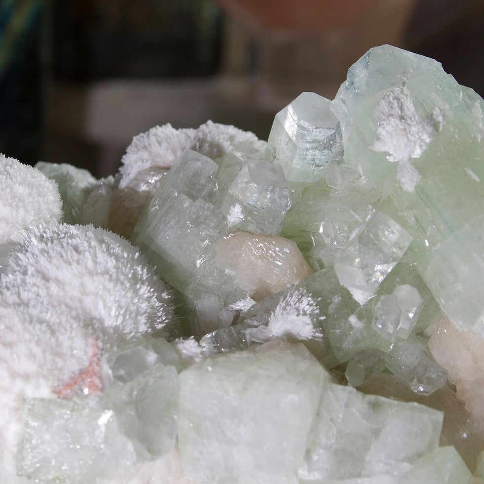Thumbnail: Snowy white Mordenite is the third crystalization on this compelling large cabinet piece. A single double terminated crystal