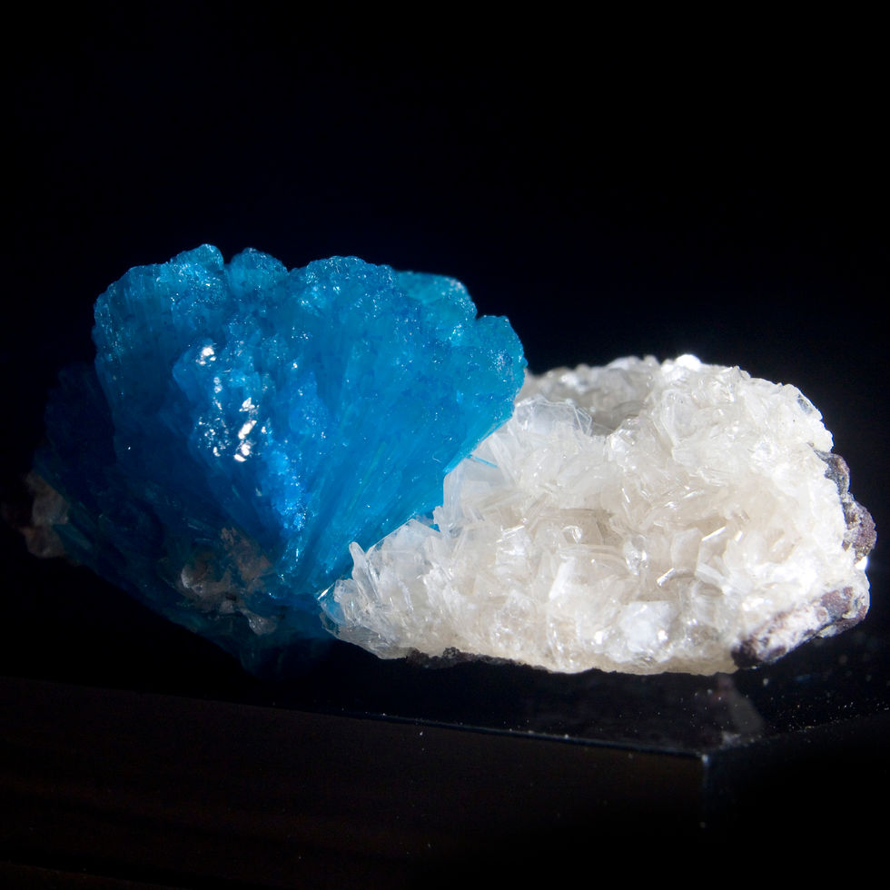 Thumbnail: A cluster of Cavansite emerges on both sides this piece, surrounded by Heulandite on a Basalt matrix. Small cabinet miniature