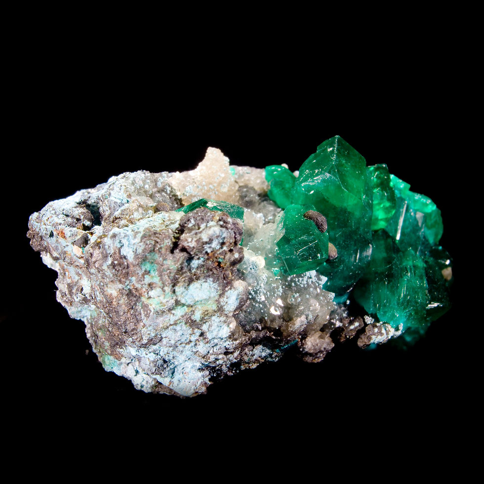 Thumbnail: Dioptase with Shattuckite - Kaokoveld Plateau, Namibia - Studio Mineralia Earth Art Gallery