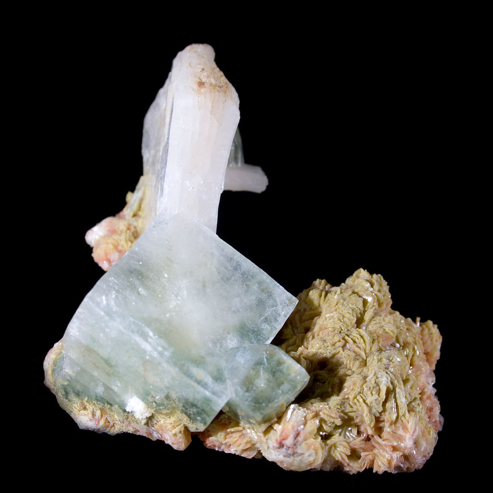 Thumbnail: A fantastic and attractive, multi-mineral specimen consisting of Apophyllite and Stilbite with Heulandite with a compelling U