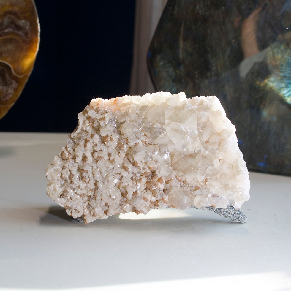Thumbnail: An east coast zeolite classic! Lustrous Calcite and perfectly contrasting orange-brown Stilbite on a freestanding Basalt matr