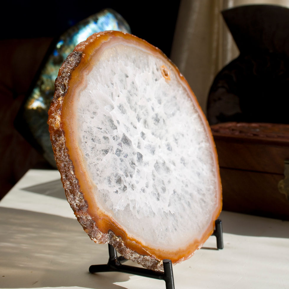 Thumbnail: Agate, Nature's Stained Glass! Particularly picturesque thin, translucent banded Agate, stand included for an optimal display