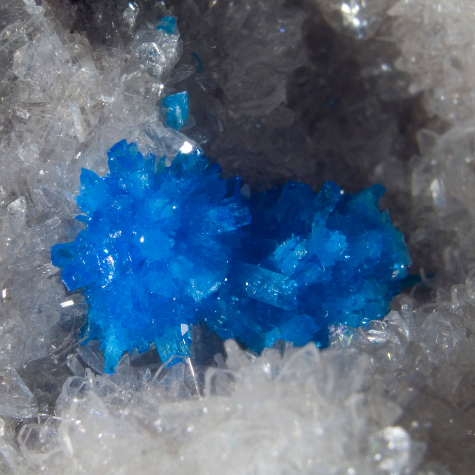 Thumbnail: Pentagonite with Cavansite on Dynamic Gemmy Miniature Heulandite. A rare combination specimen featuring both bright blue spik