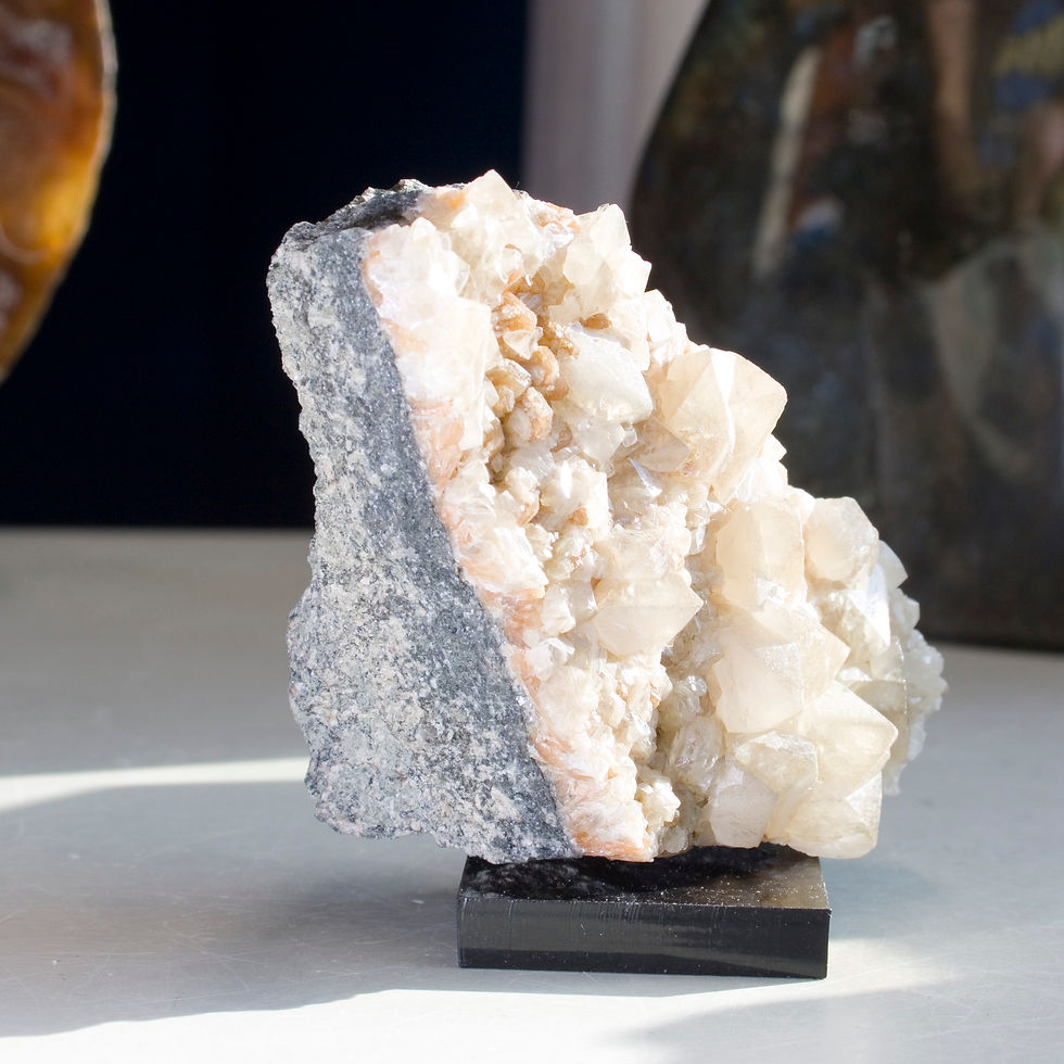 Thumbnail: An east coast zeolite classic! Lustrous Calcite and perfectly contrasting orange-brown Stilbite on a freestanding Basalt matr