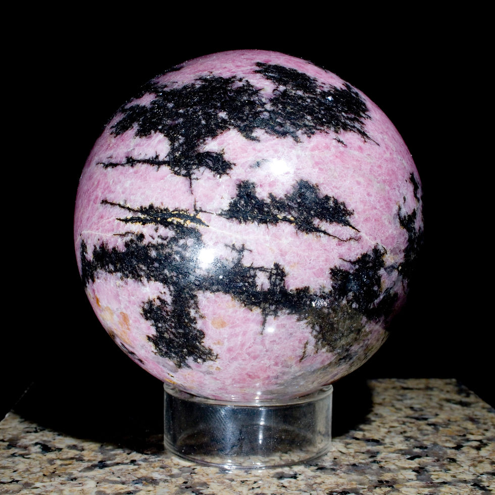 Thumbnail: Beautiful Pink & Black Rhodonite mineral spheres contain striking contrasts within themselves. 3", ~1.5 lbs. Acrylic stand in