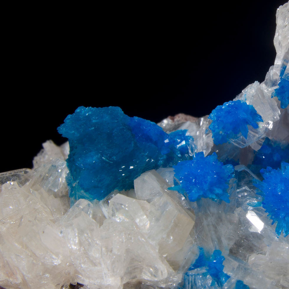 Thumbnail: A small cabinet masterpiece. Cavansite & Pentagonite, well protected by the dynamic undulations of the gemmy Heulandite on Ba
