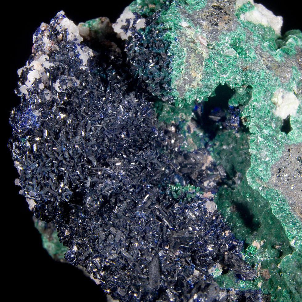Thumbnail: Deep blue Azurite cascades down bright green Malachite over a super dynamic matrix. Additional aspect of Malachite occur on t