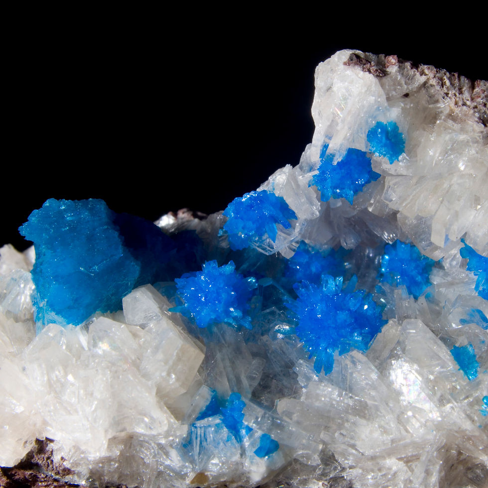 Thumbnail: A small cabinet masterpiece. Cavansite & Pentagonite, well protected by the dynamic undulations of the gemmy Heulandite on Ba