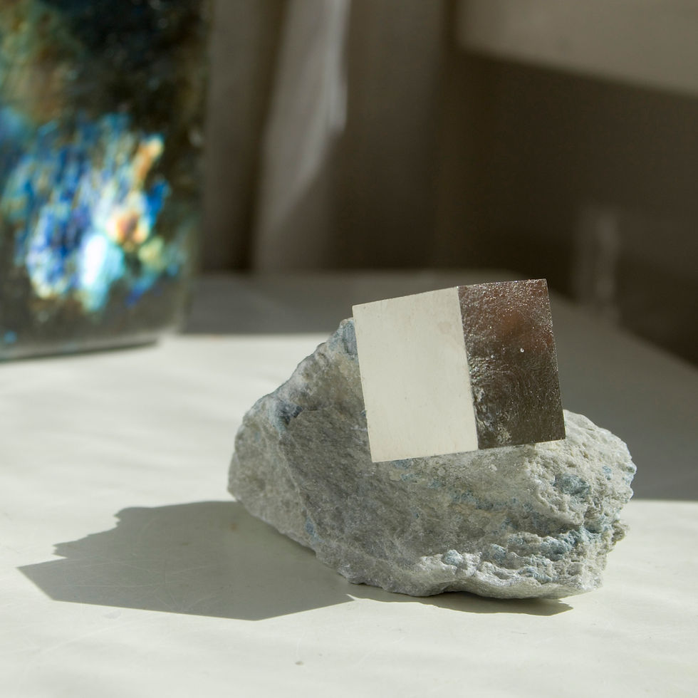 Thumbnail: A single, beautifully balanced, perfectly perched crystal of lustrous cubic Pyrite on the Marl matrix in which it grew. This