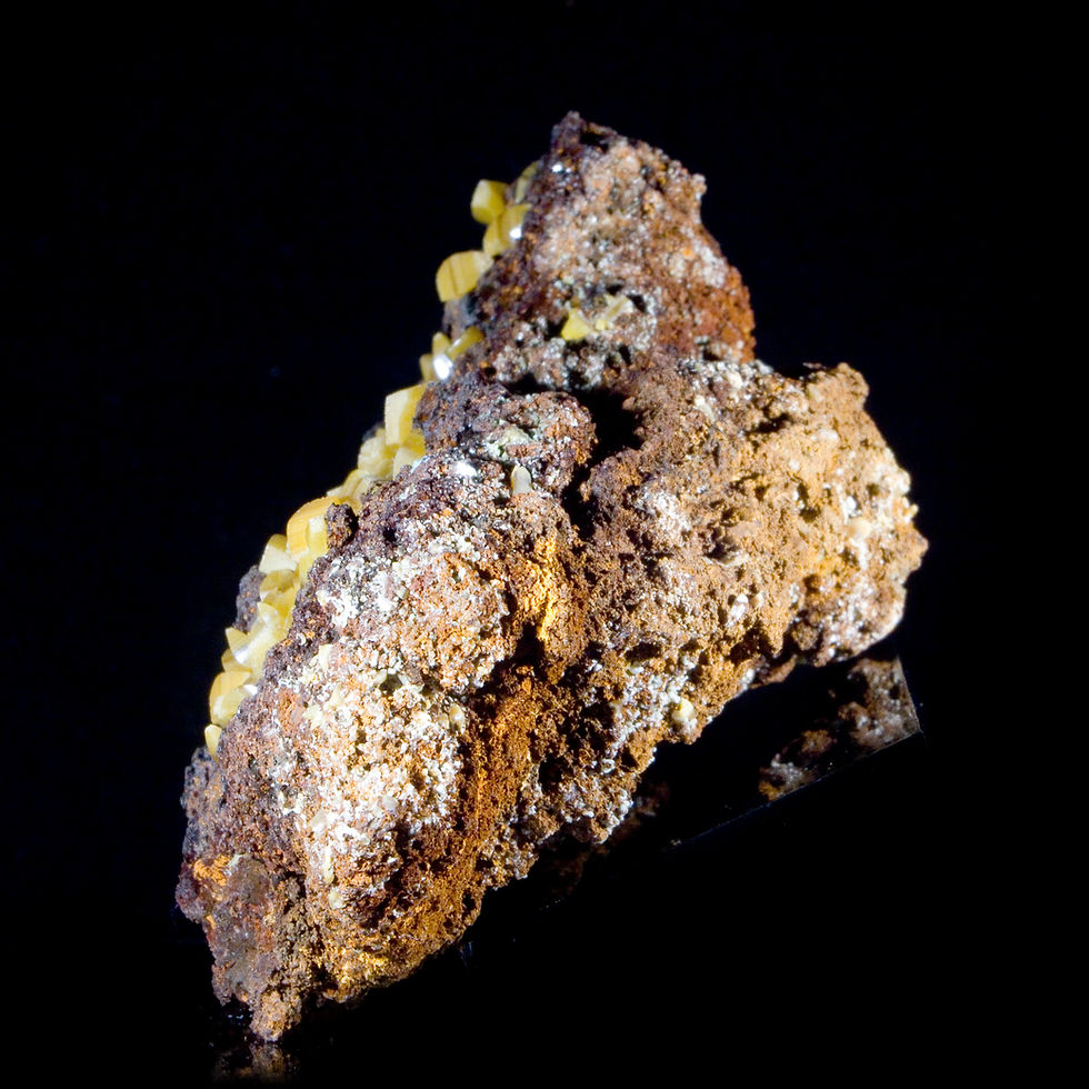 Thumbnail: Two-tone "Sandwich" Wulfenite crystals of the Ojuela Mine. Bright yellow crystals of Wulfenite. Studio Mineralia