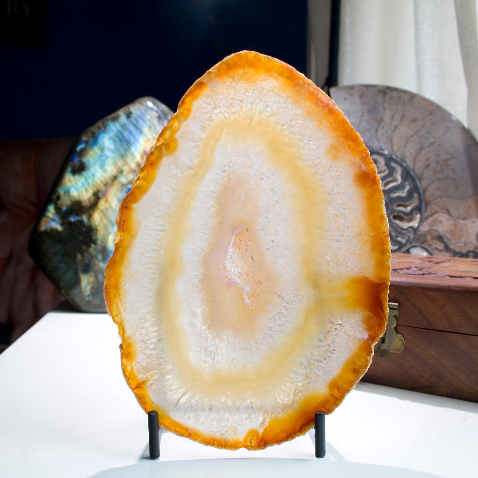 Thumbnail: Agate, Nature's Stained Glass! Particularly picturesque thin, translucent banded Agate, stand included for an optimal display