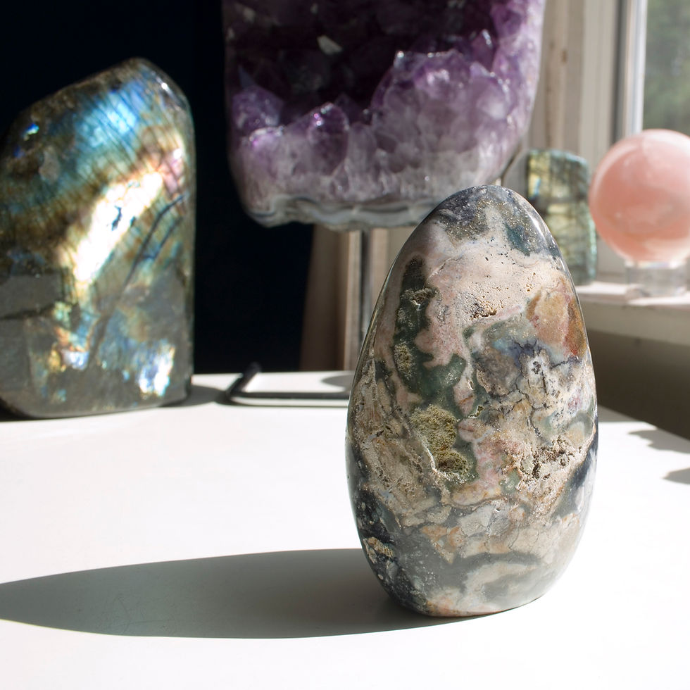 Thumbnail: A super cool Grey & Pink Ocean Jasper free form. Only found in a handful of deposits in northwestern Madagascar Ocean Jasper