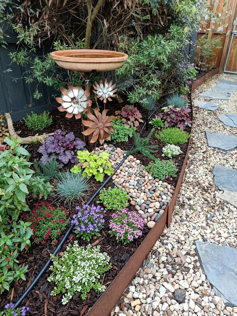 Close-up view of durable metal garden edging installed along a garden bed
