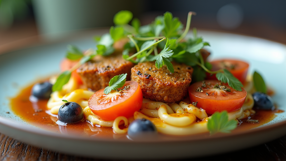 Eye-level view of a gourmet plated dish with vibrant colors