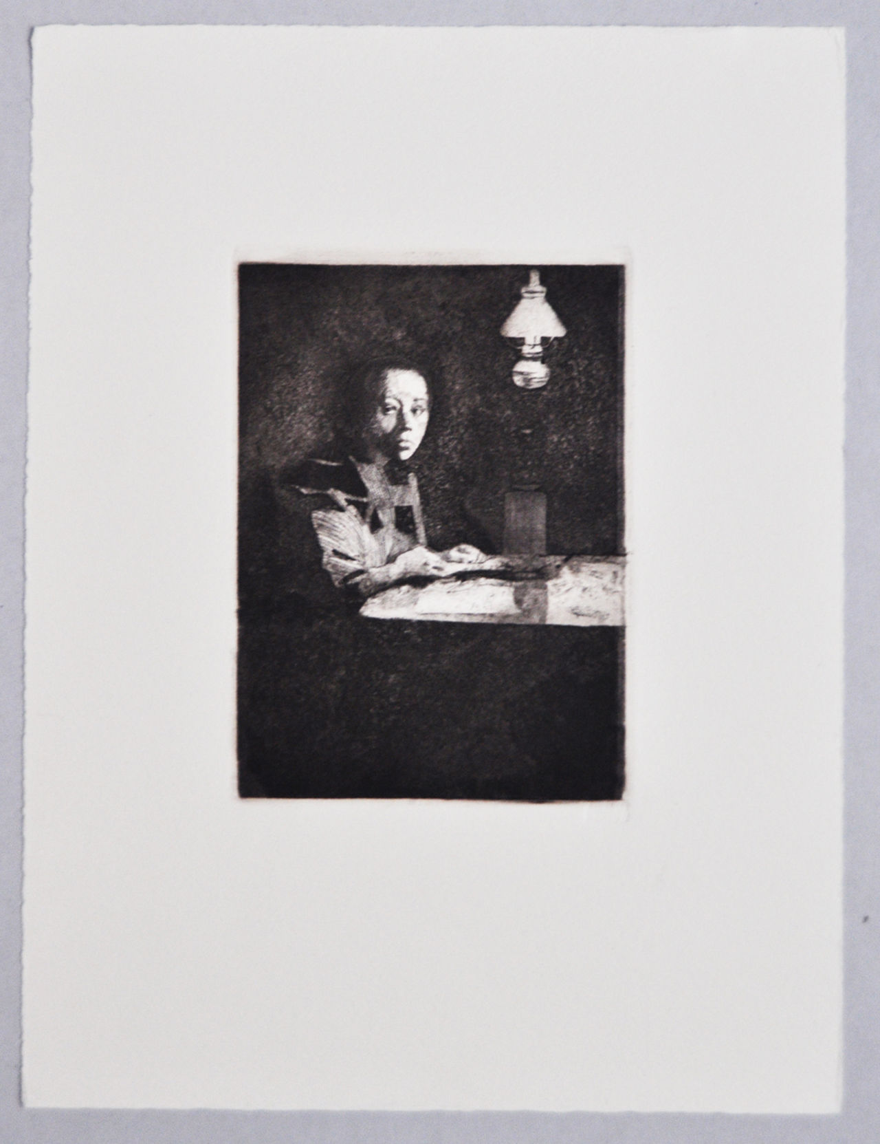 Kollwitz, Käthe, Selbstbildnis am Tisch, Radierung, um 1893