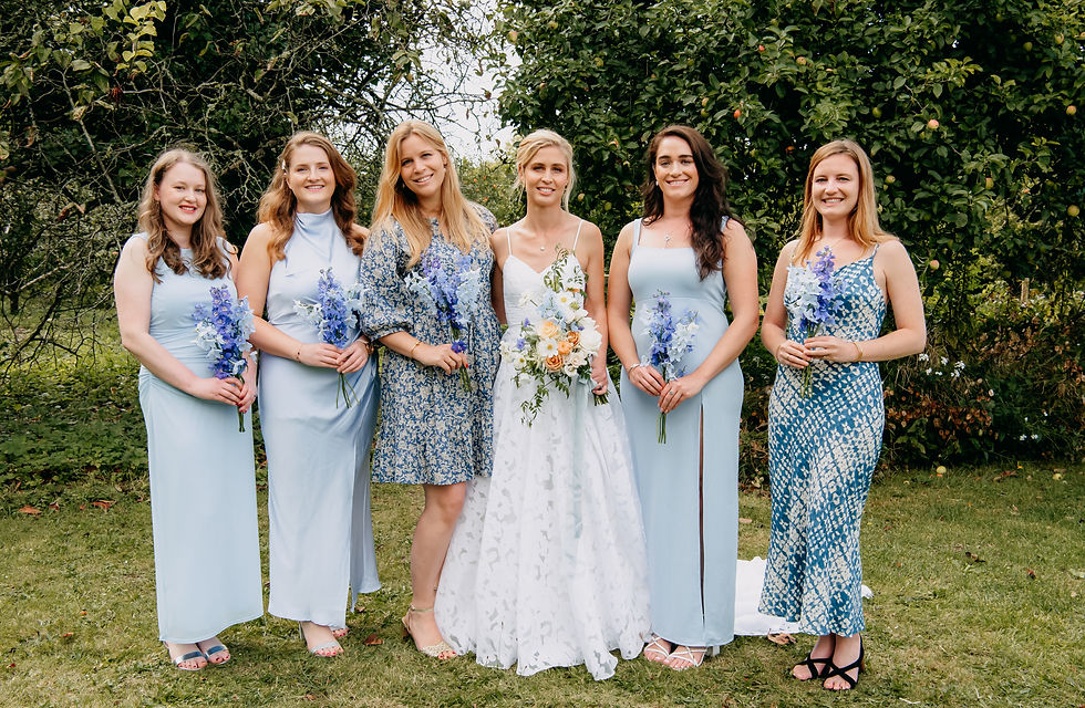 blue mismatched bridesmaids, mix matched blue bridesmaids, kingsettle stud, monobloom posies, delphiniums