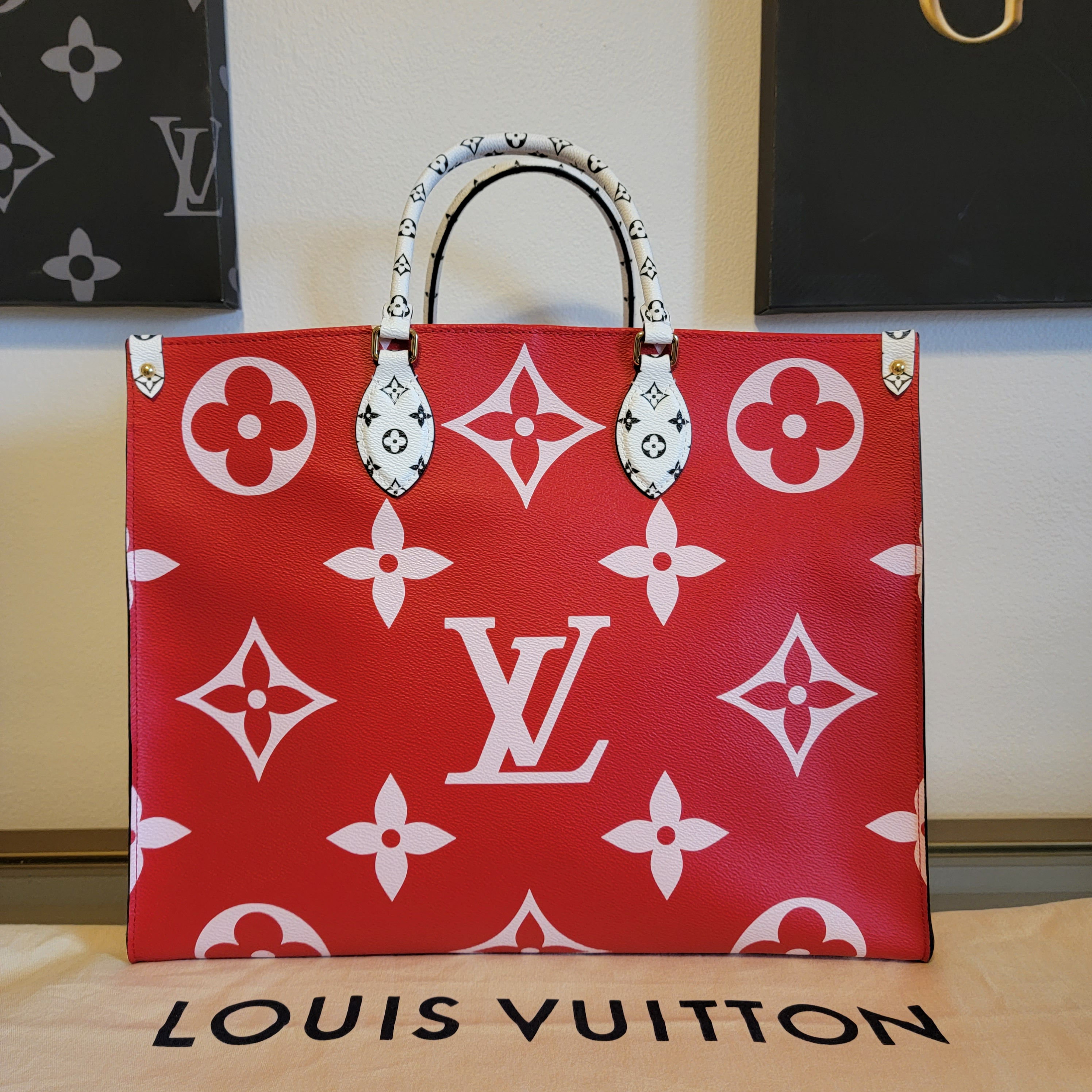 Louis Vuitton Onthego GM Giant Reverse Monogram Handbag Tote Rouge Pink Multi