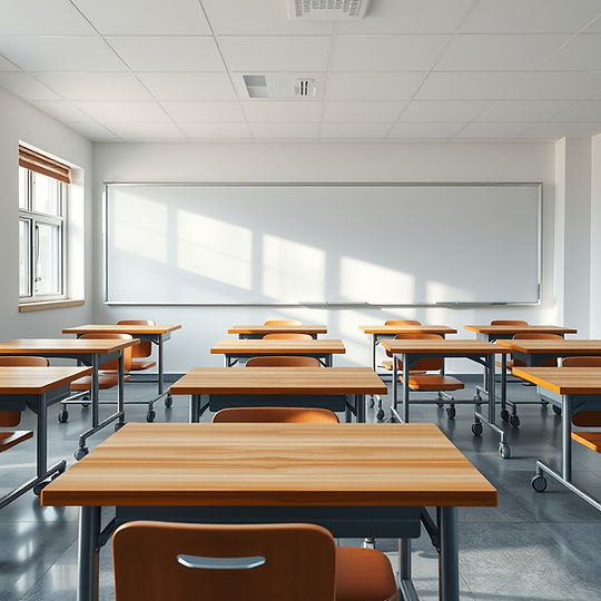 I want a image of a classroom which showcases multiple steel desk without wheels with wood