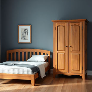 I want image of a room where I can see furnitures like wooden cot mattress and wardrobe.jp