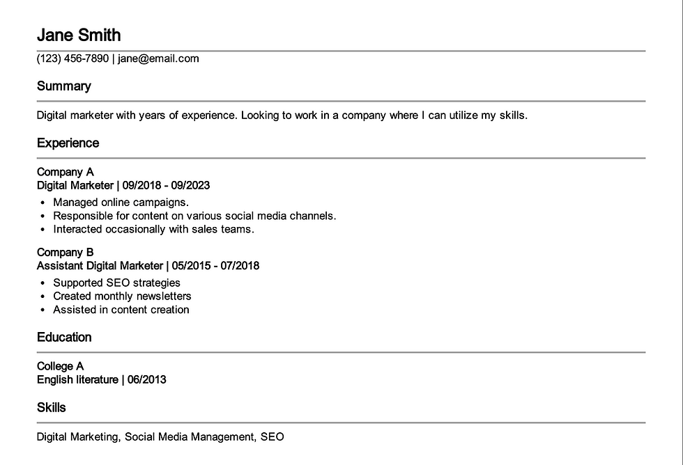 Example of an ineffective resume showing common mistakes job seekers should avoid