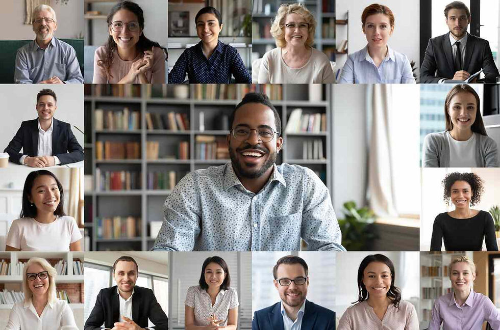 Diverse group of professionals in an online video meeting smiling at the camera.
