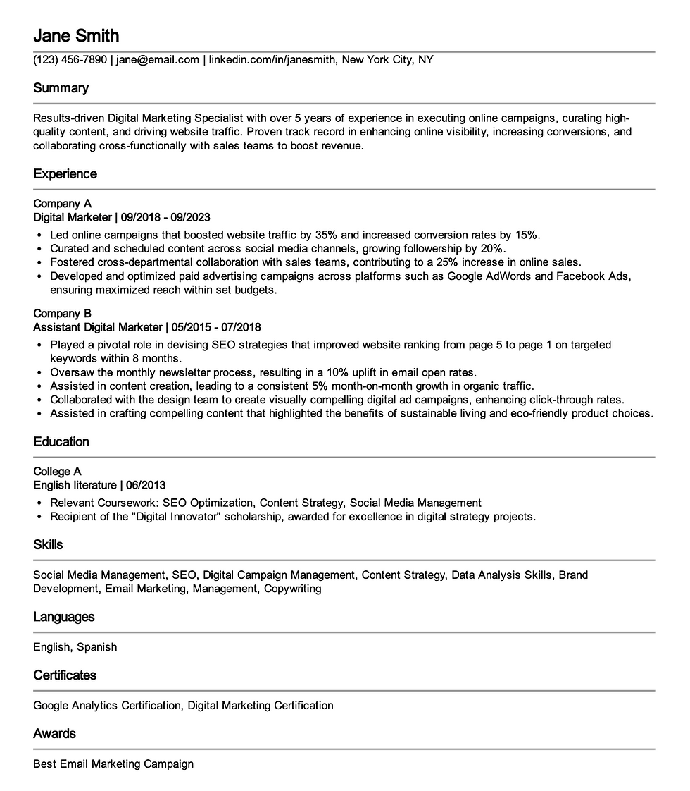 Example of an effective, optimized resume using modern resume tips for candidates