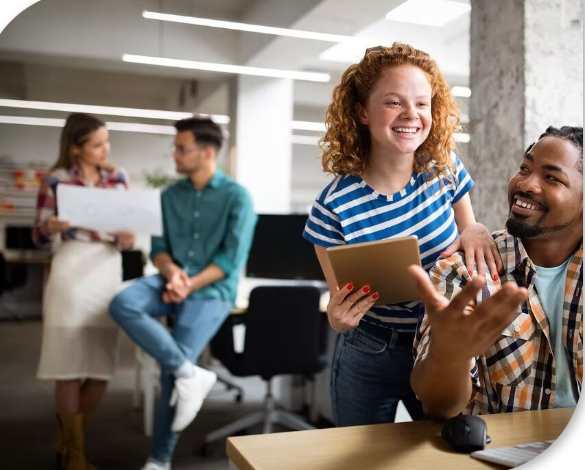 Job seekers collaborating in a modern office, representing career coaching, interview preparation, and career growth opportunities.