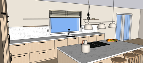 Espace cuisine ouverte design avec matières naturelles, lumière naturelle et aménagement convivial.