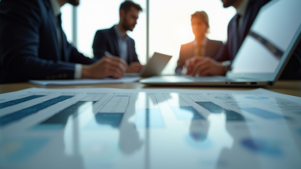 Eye-level view of a business meeting with charts and laptops
