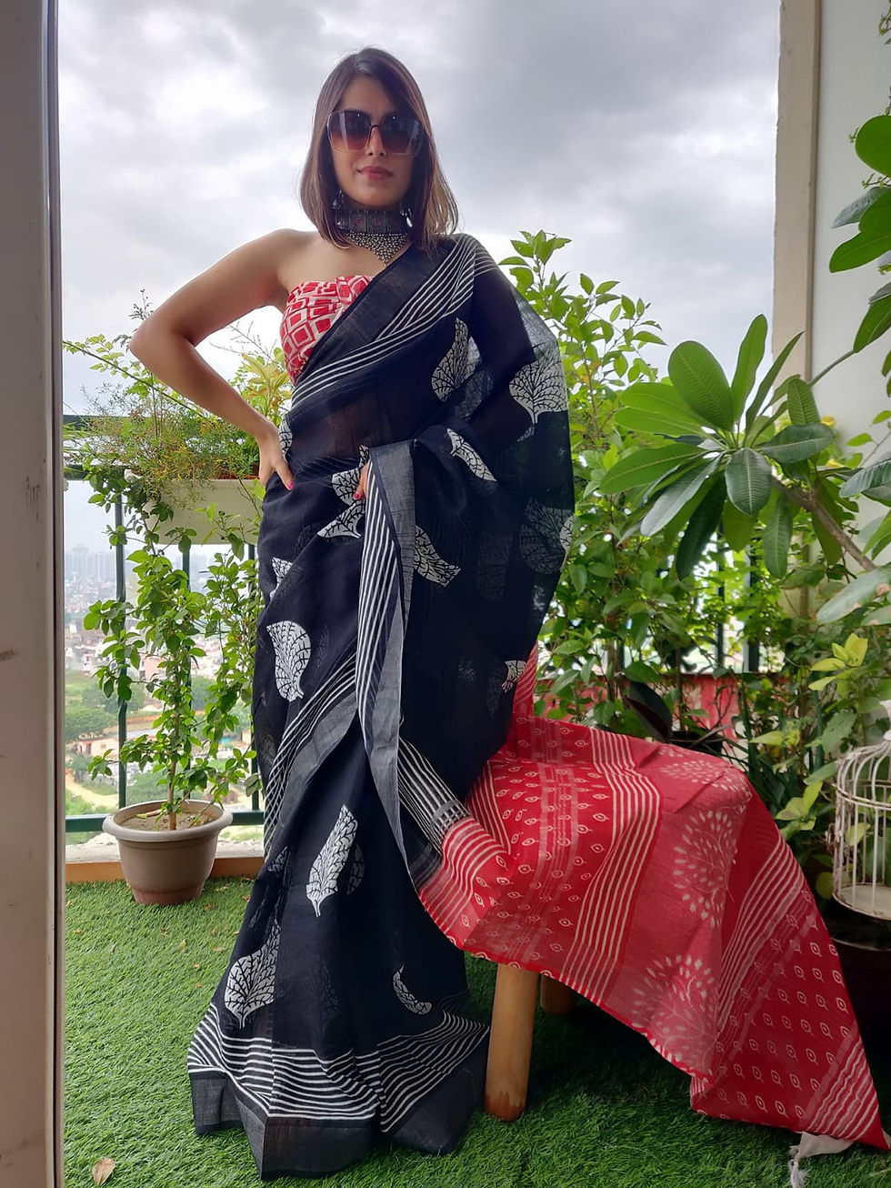Hand block printed saree from Rajasthan  Fabric -Beautiful  linen  saree