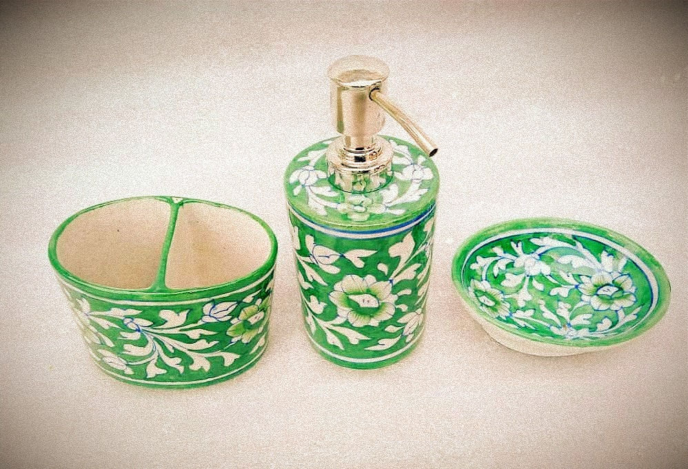 Blue Pottery Dispenser, Brush Holder and Soap Dish