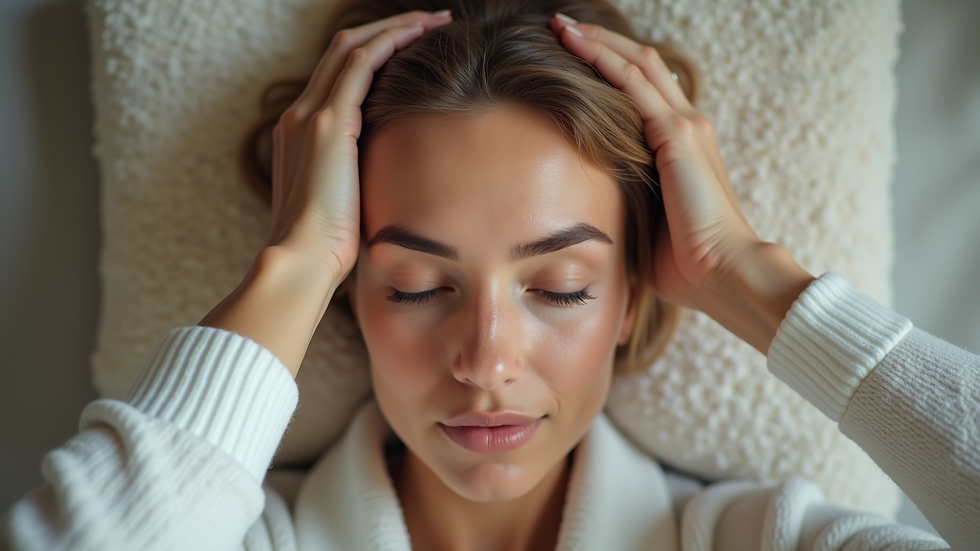 Eye-level view of a woman gently massaging her scalp in a calm setting