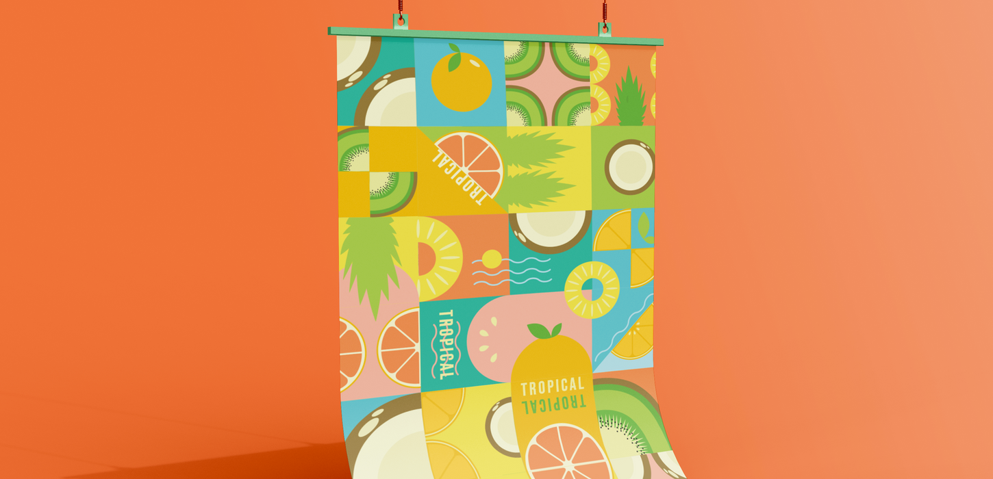 A hanging poster in a geometric Bauhaus style, featuring a grid of squares, each holding a tropical fruit element such as pineapple, coconut, kiwi, orange, and grapefruit. The colour scheme is bright and tropical, with shades of turquoise, yellow, green, orange, and pink.