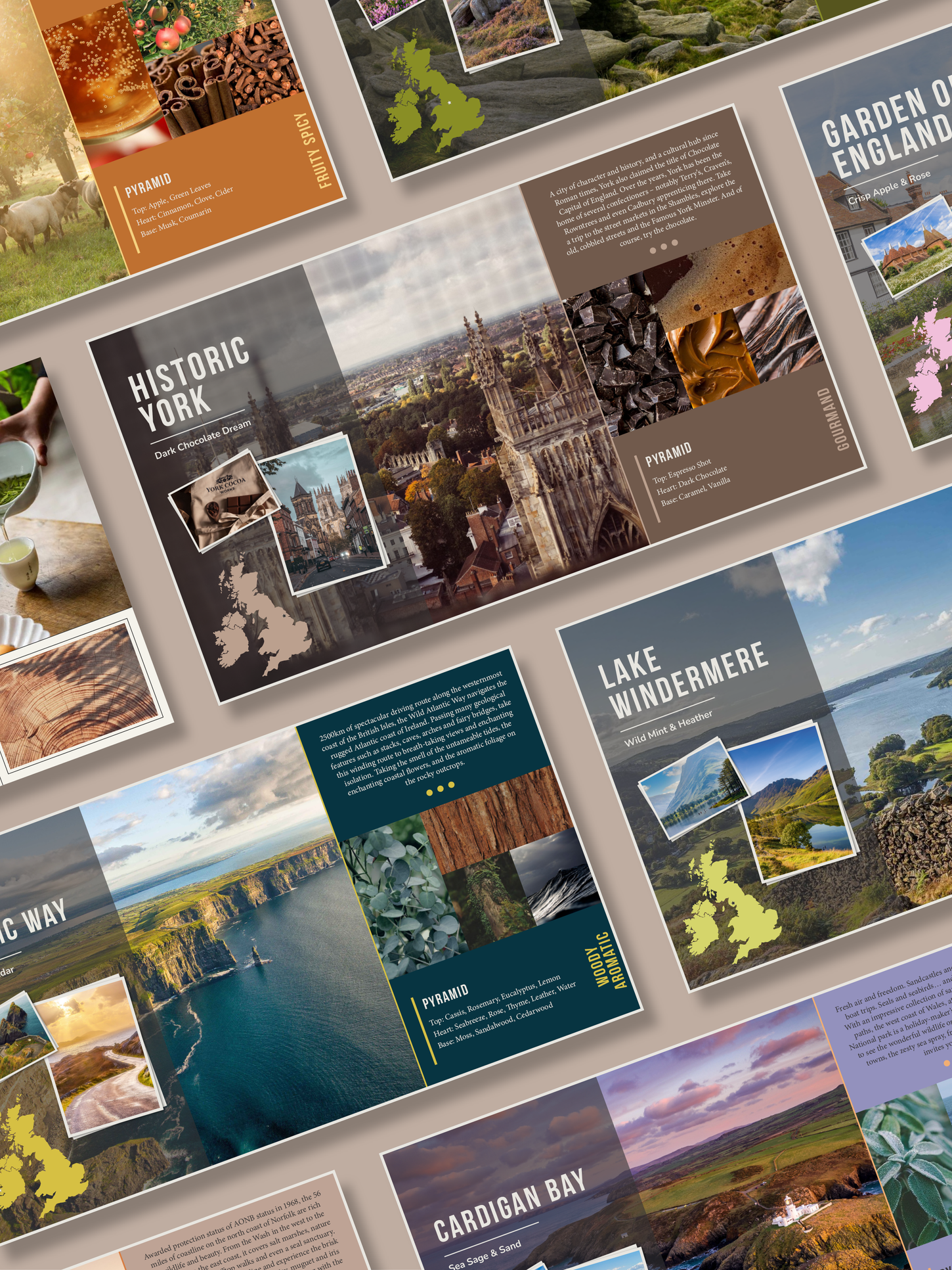 A grid layout showcasing slides from a presentation about fragrances inspired by various locations in the UK. The design mimics a travel brochure, featuring stunning images and bright colours that represent each location and its corresponding fragrance.