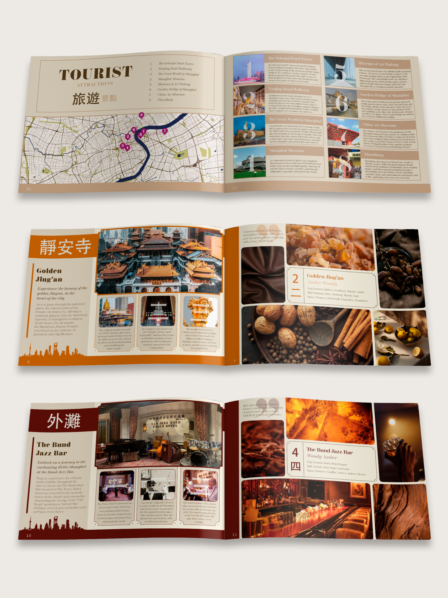 Three open brochure pages. The top brochure highlights tourist attractions in Shanghai. The second brochure features a fragrance called 'Golden Jing'An,' while the third brochure showcases a fragrance called 'The Bund Jazz Bar,' both inspired by Shanghai.