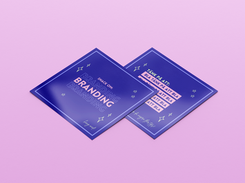 Two dark blue square papers with pink text about branding in it, to look like a social media post